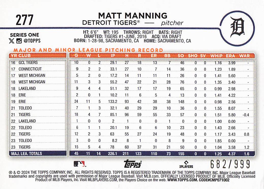 2024 Topps Baseball Blue Holofoil 682/999 Matt Manning #277