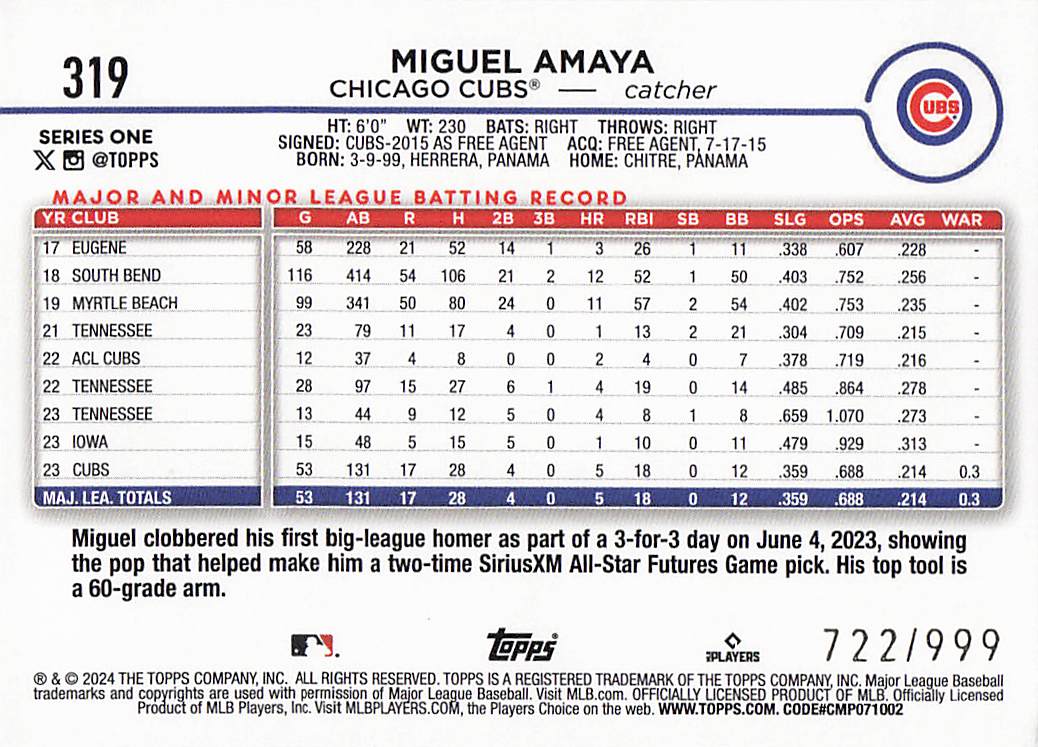 2024 Topps Baseball Blue Holofoil 722/999 Miguel Amaya #319