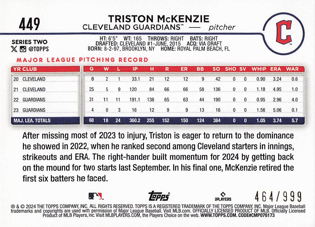2024 Topps Baseball Blue Holofoil 464/999 Triston McKenzie #449
