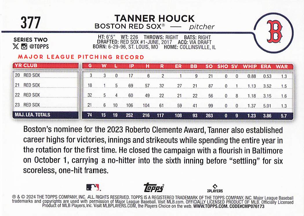 2024 Topps Baseball Black Crackle Foil Tanner Houck #377