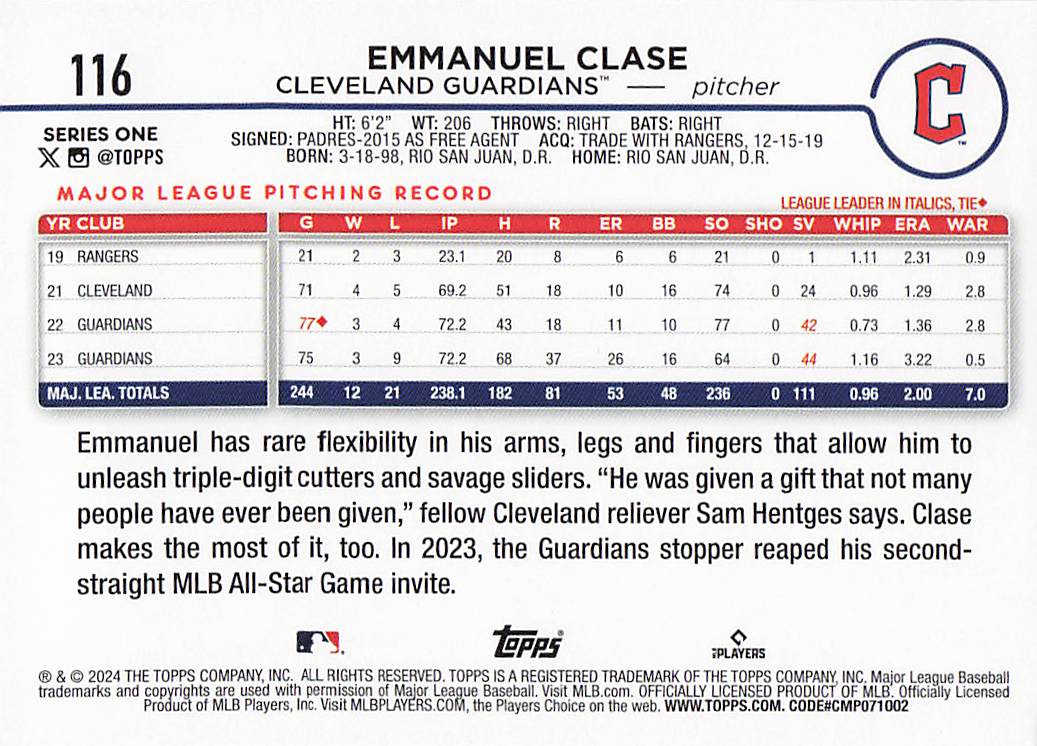 2024 Topps Baseball Silver Crackle Foil Emmanuel Clase #116
