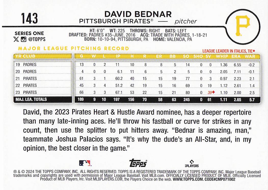 2024 Topps Baseball Silver Crackle Foil David Bednar #143