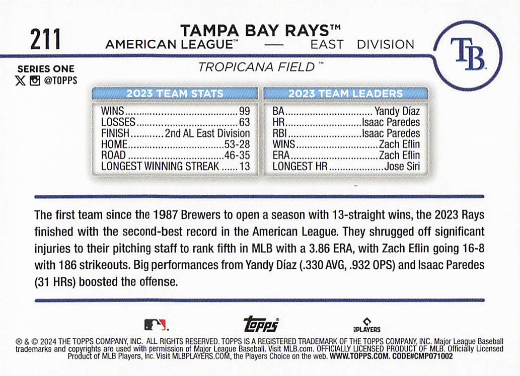 2024 Topps Baseball Silver Crackle Foil Tampa Bay Rays #211