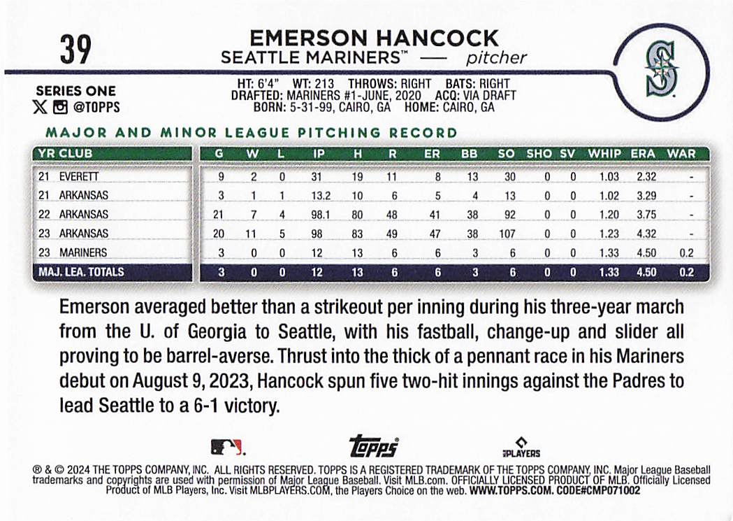 2024 Topps Baseball Rainbow Foil Emerson Hancock #39