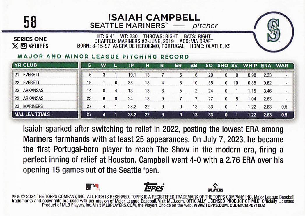 2024 Topps Baseball Rainbow Foil Isaiah Campbell #58
