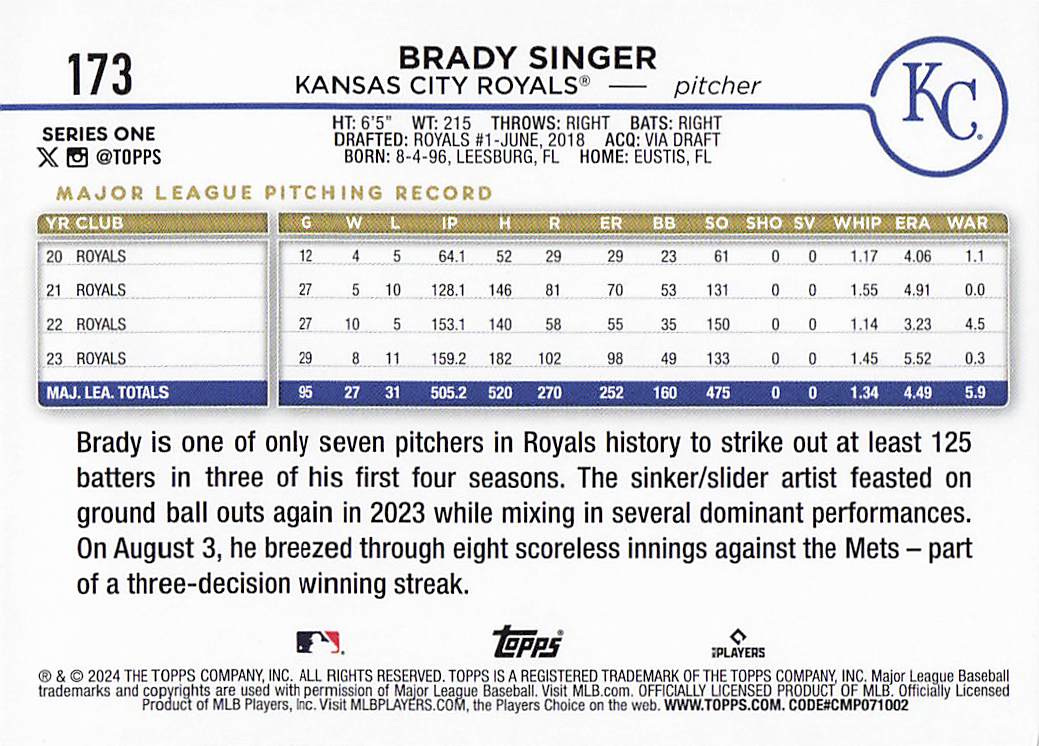 2024 Topps Baseball Rainbow Foil Brady Singer #173