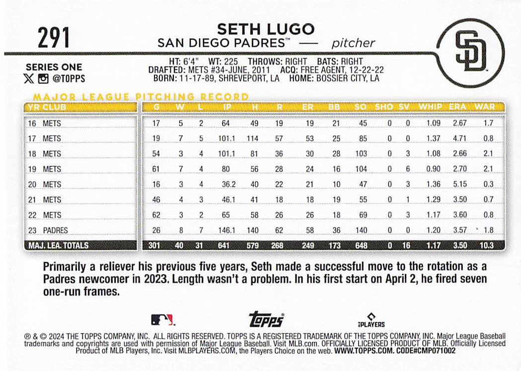 2024 Topps Baseball Rainbow Foil Seth Lugo #291