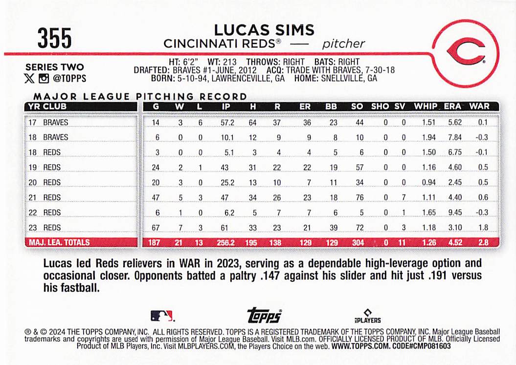 2024 Topps Baseball Holiday Lucas Sims #355