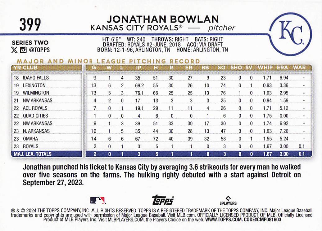 2024 Topps Baseball Holiday Jonathan Bowlan #399 Rookie