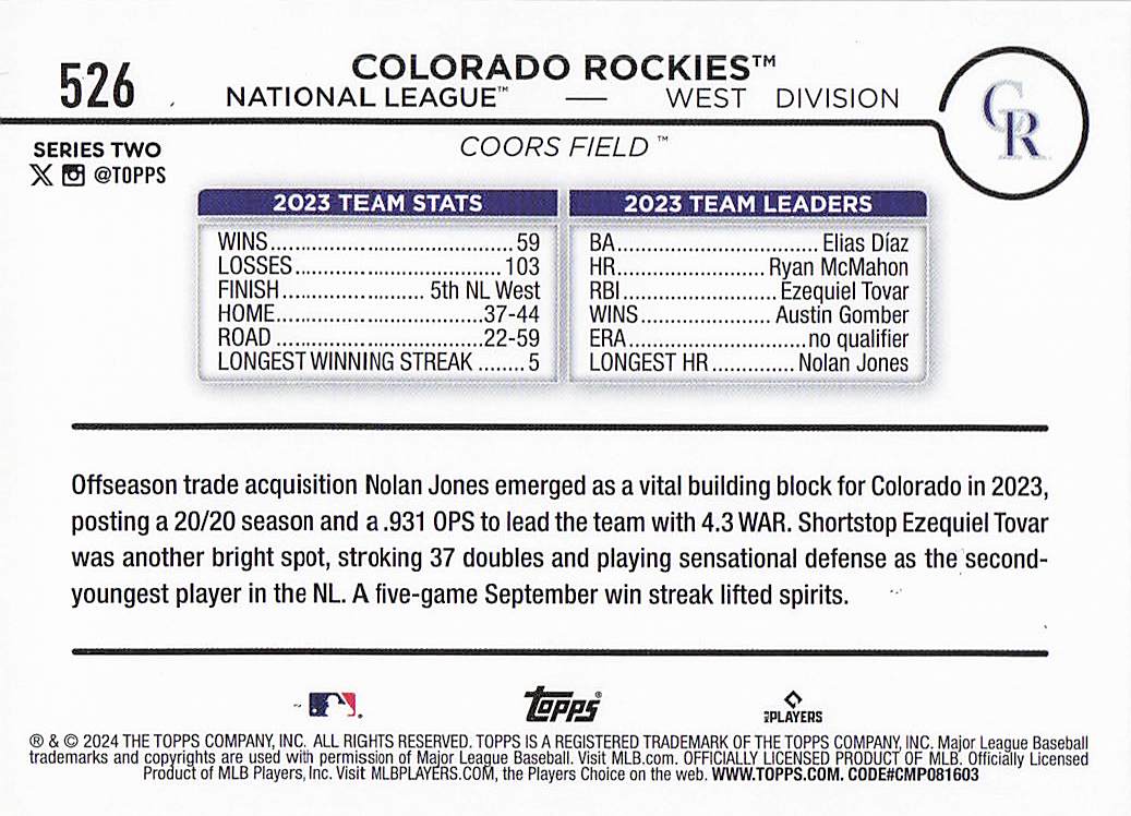 2024 Topps Baseball Holiday Colorado Rockies #526