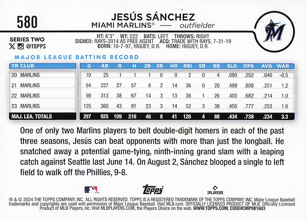 2024 Topps Baseball Holiday Jesús Sánchez #580