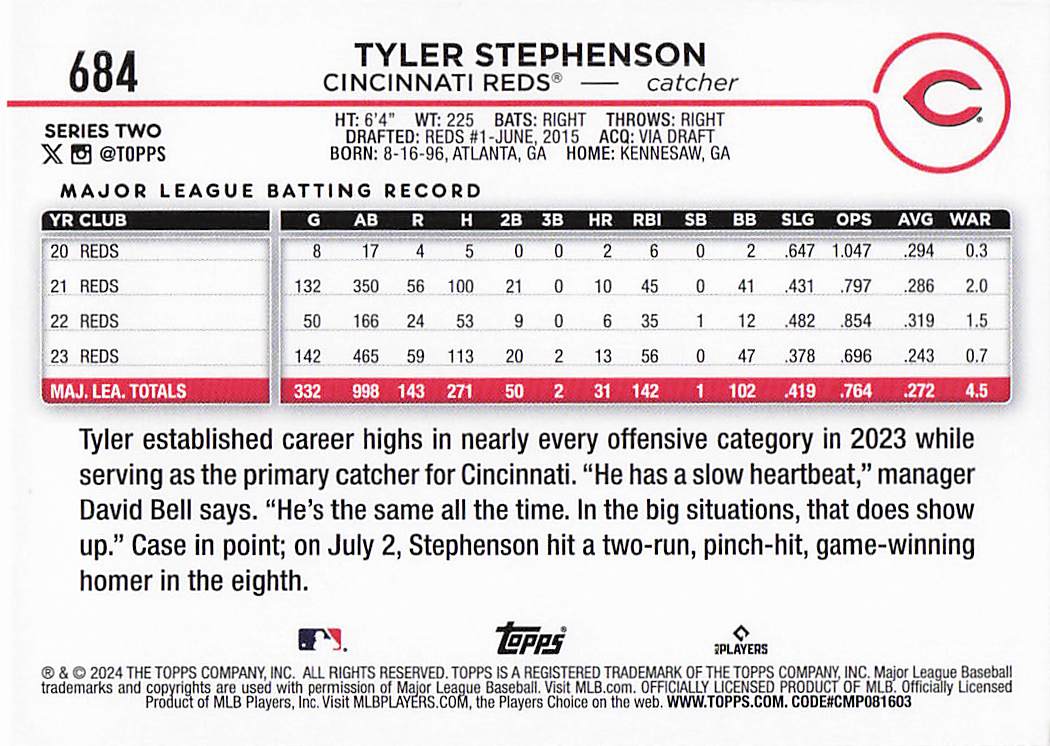 2024 Topps Baseball Holiday Tyler Stephenson #684