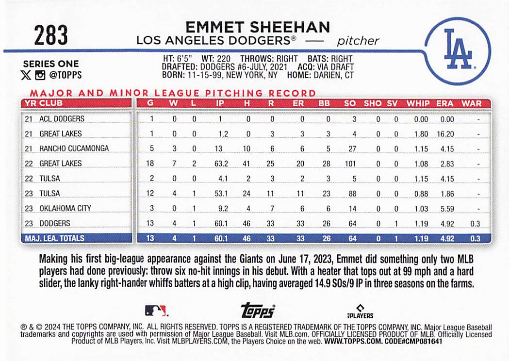 2024 Topps Baseball Holiday Emmet Sheehan #283