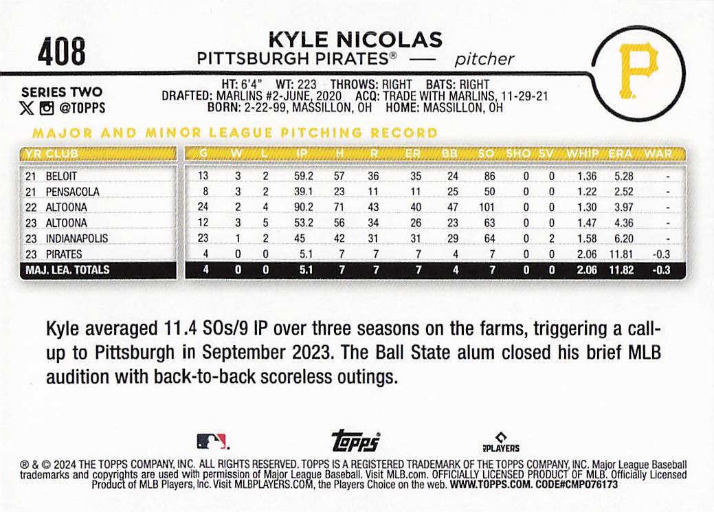 2024 Topps Baseball Rainbow Foil Kyle Nicolas #408 Rookie
