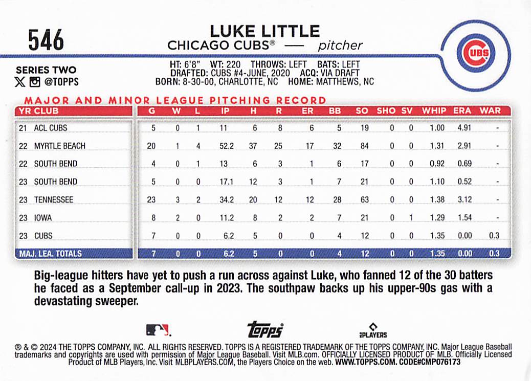 2024 Topps Baseball Rainbow Foil Luke Little #546 Rookie