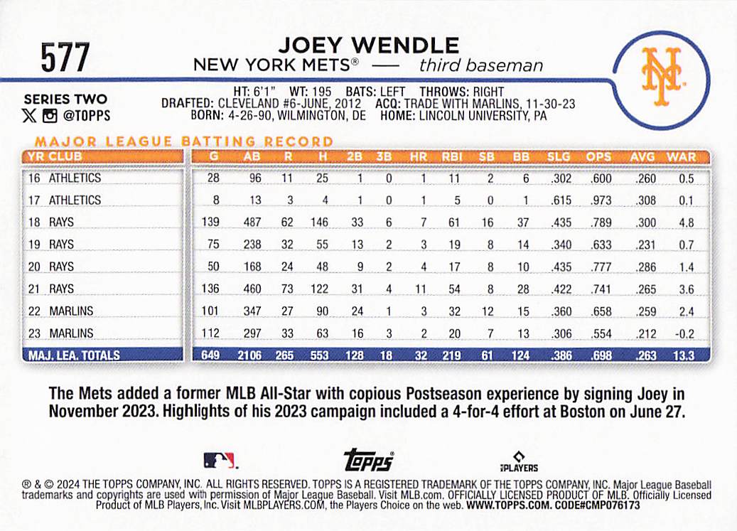 2024 Topps Baseball Rainbow Foil Joey Wendle #577