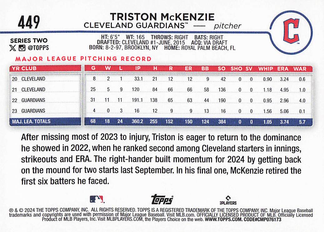 2024 Topps Baseball Royal Blue Triston McKenzie #449