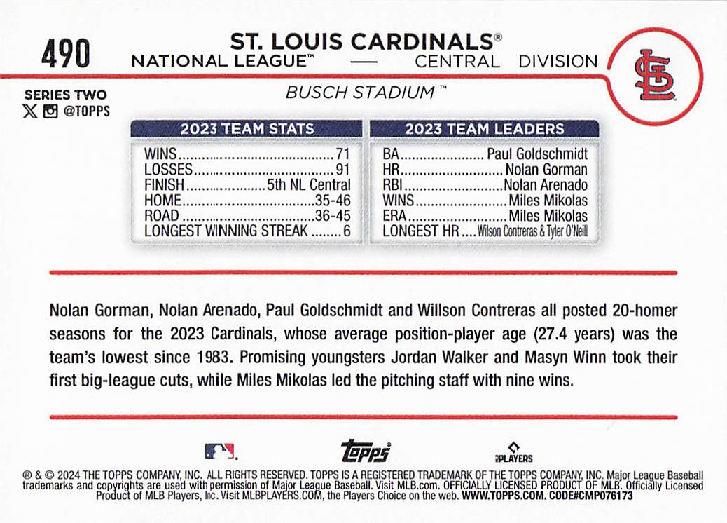 2024 Topps Baseball Royal Blue St. Louis Cardinals #490