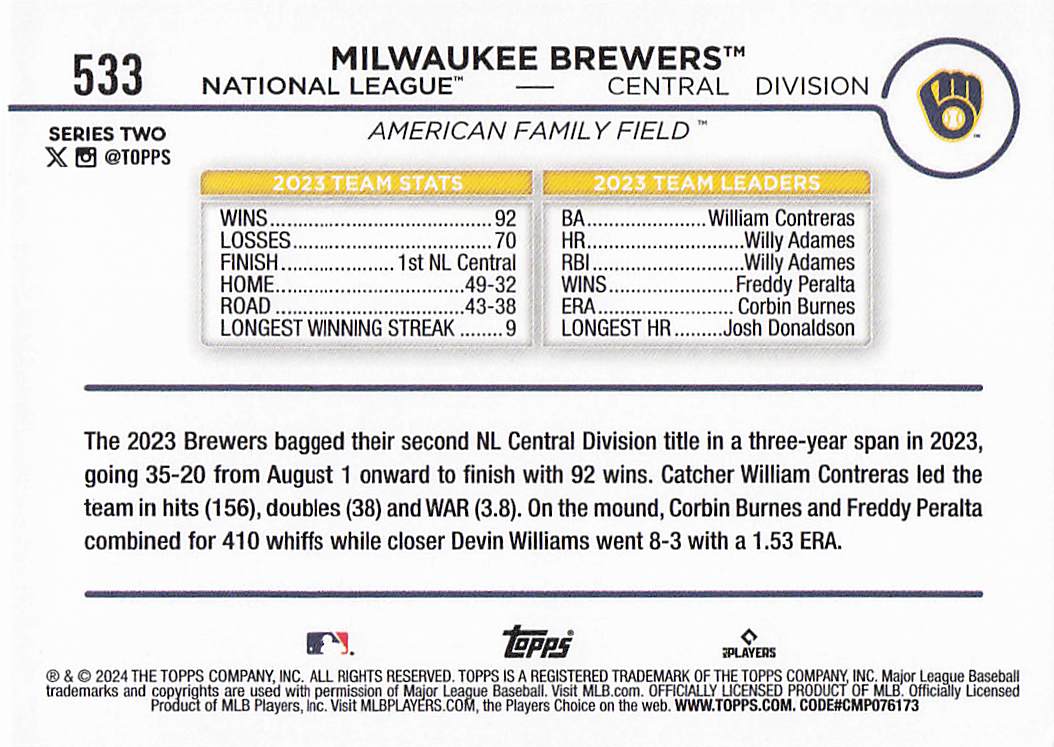 2024 Topps Baseball Gold Milwaukee Brewers #533