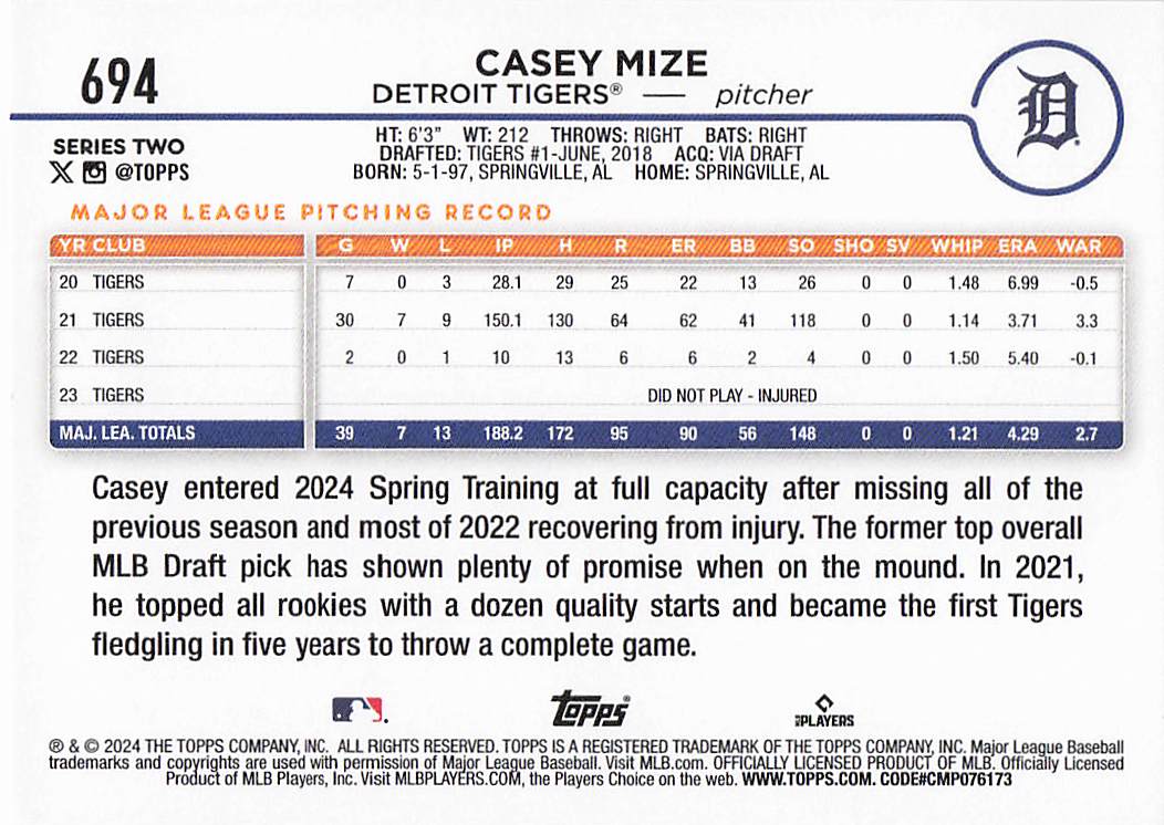 2024 Topps Baseball Royal Blue Casey Mize #694
