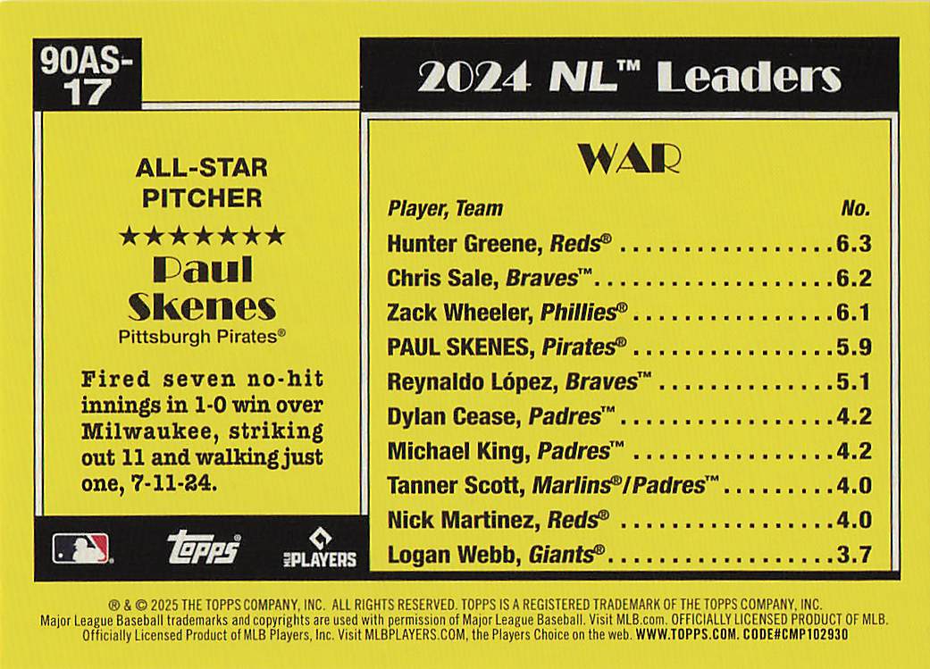 2025 Topps 1990 Topps Baseball All-Stars Paul Skenes #90AS-17a