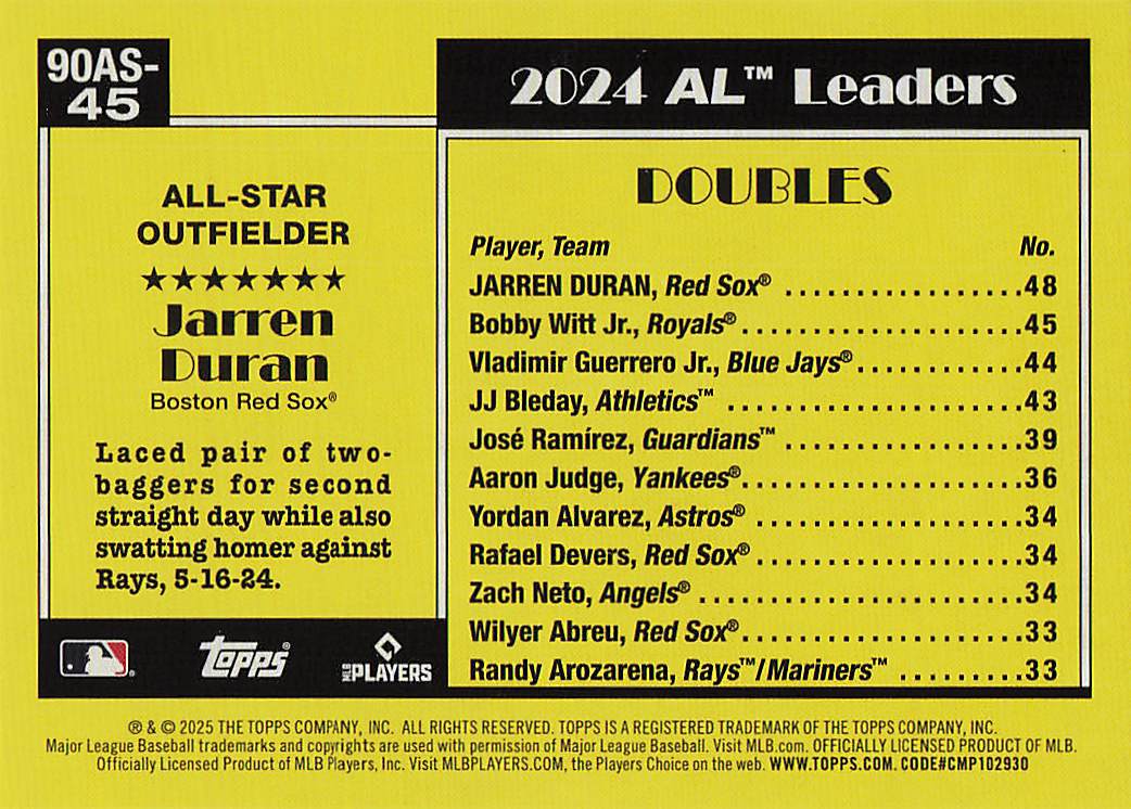 2025 Topps 1990 Topps Baseball All-Stars Jarren Duran #90AS-45b
