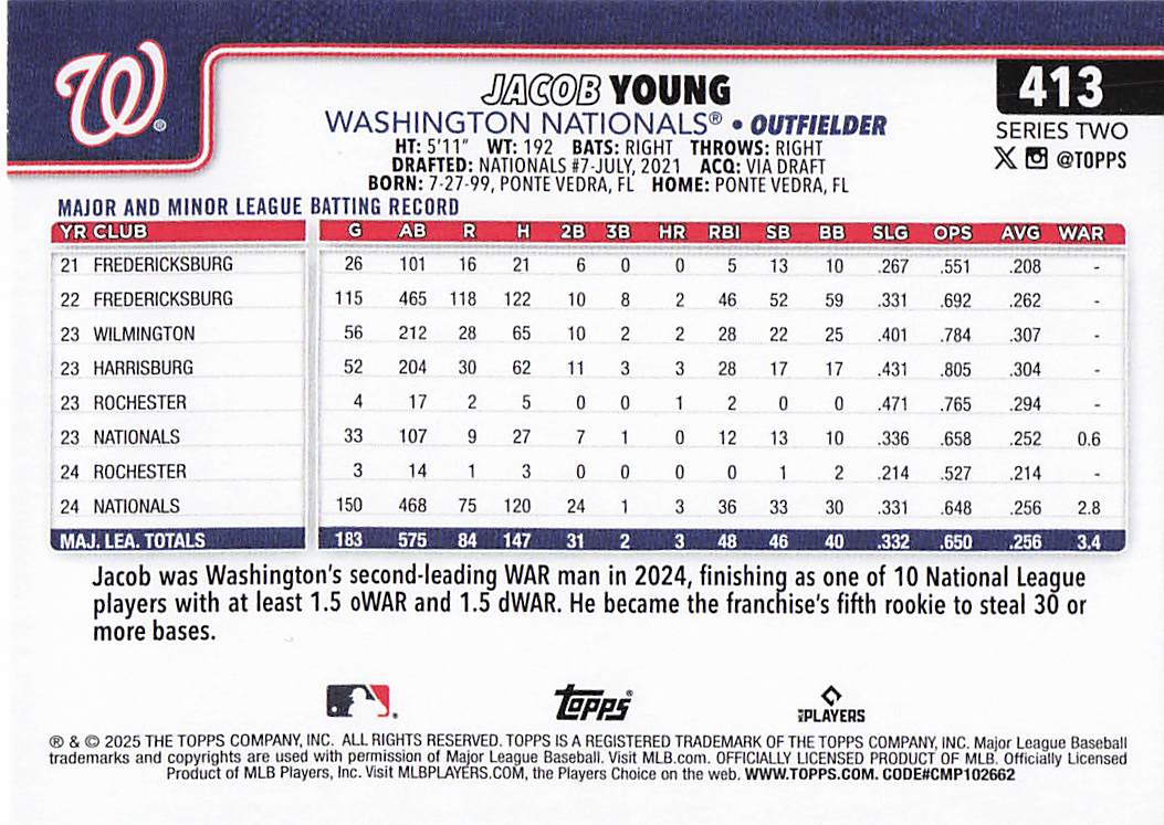2025 Topps Baseball Rainbow Foil Jacob Young #413
