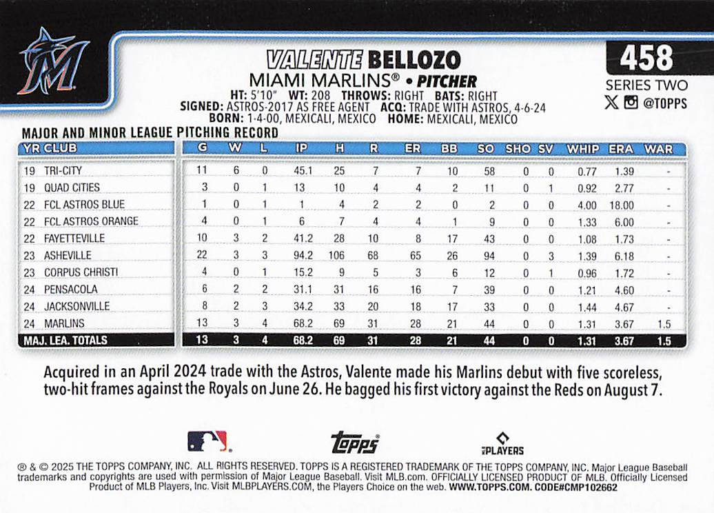 2025 Topps Baseball Holo Foil Valente Bellozo #458 Rookie