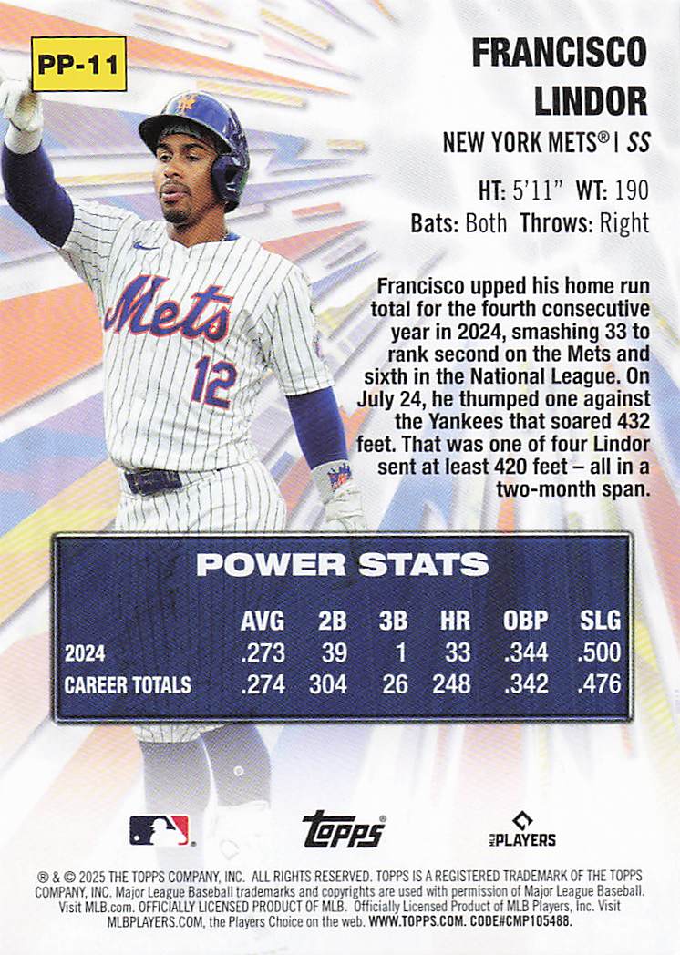 2025 Topps Baseball Power Players Francisco Lindor #PP-11