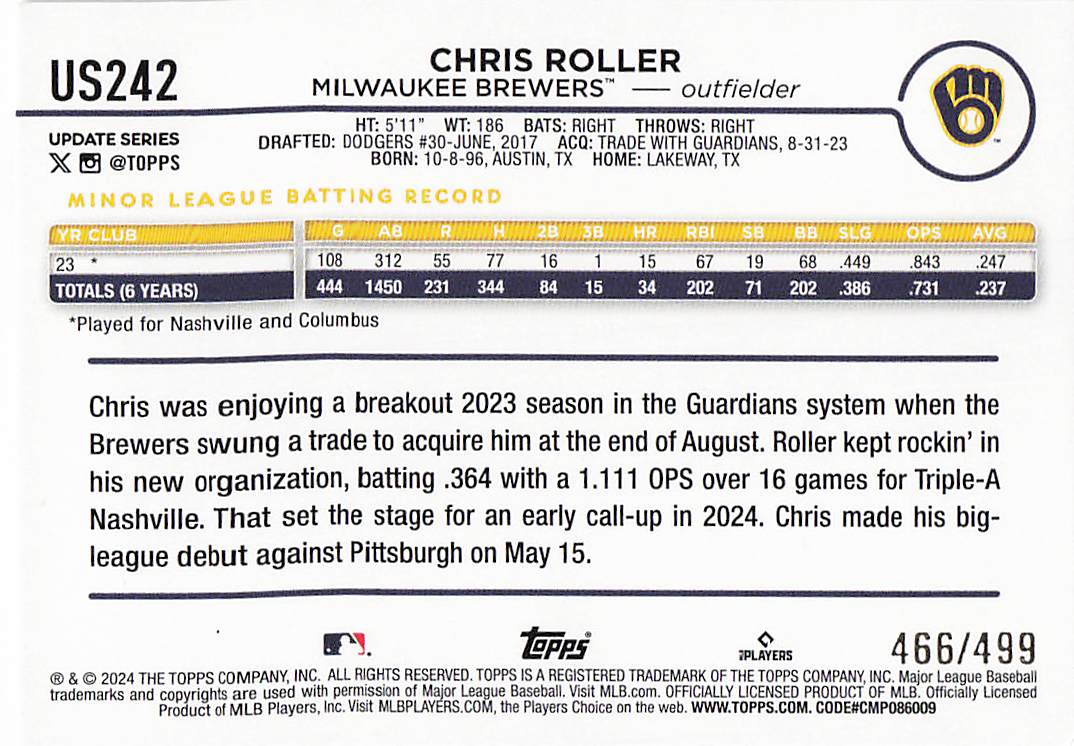 2024 Topps Update Baseball Green Crackle Foilboard 466/499 Chris Roller #US242