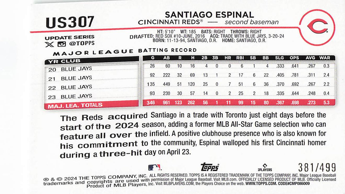 2024 Topps Update Green Crackle Foilboard 381/499 Santiago Espinal #US307