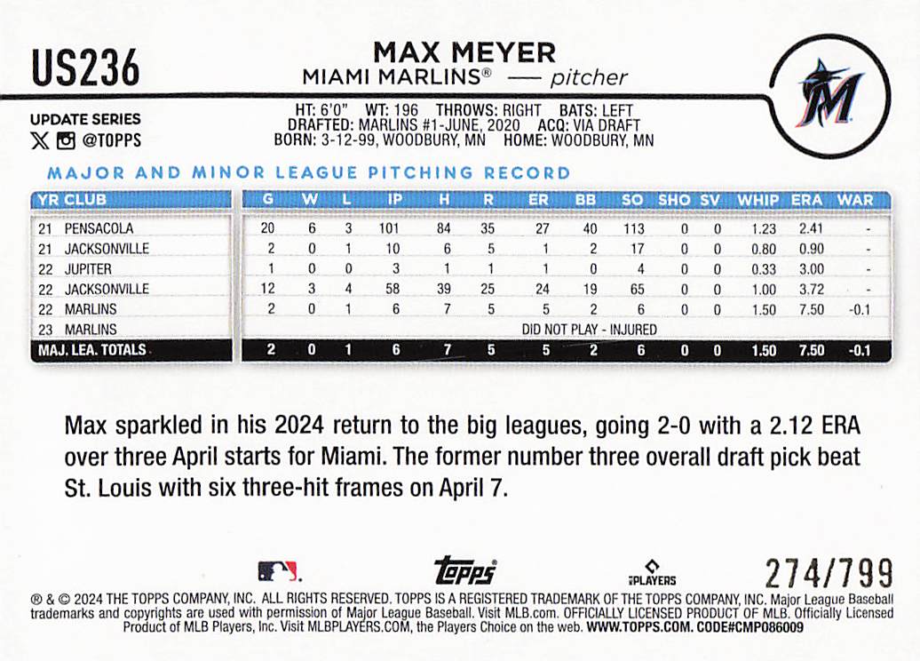2024 Topps Update Baseball Purple Holofoil 274/799 Max Meyer #US236