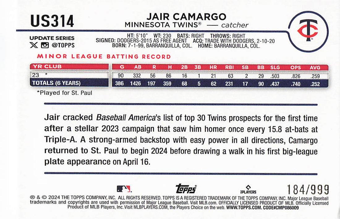 2024 Topps Update Baseball Blue Holofoil 184/999 Jair Camargo #US314 Rookie