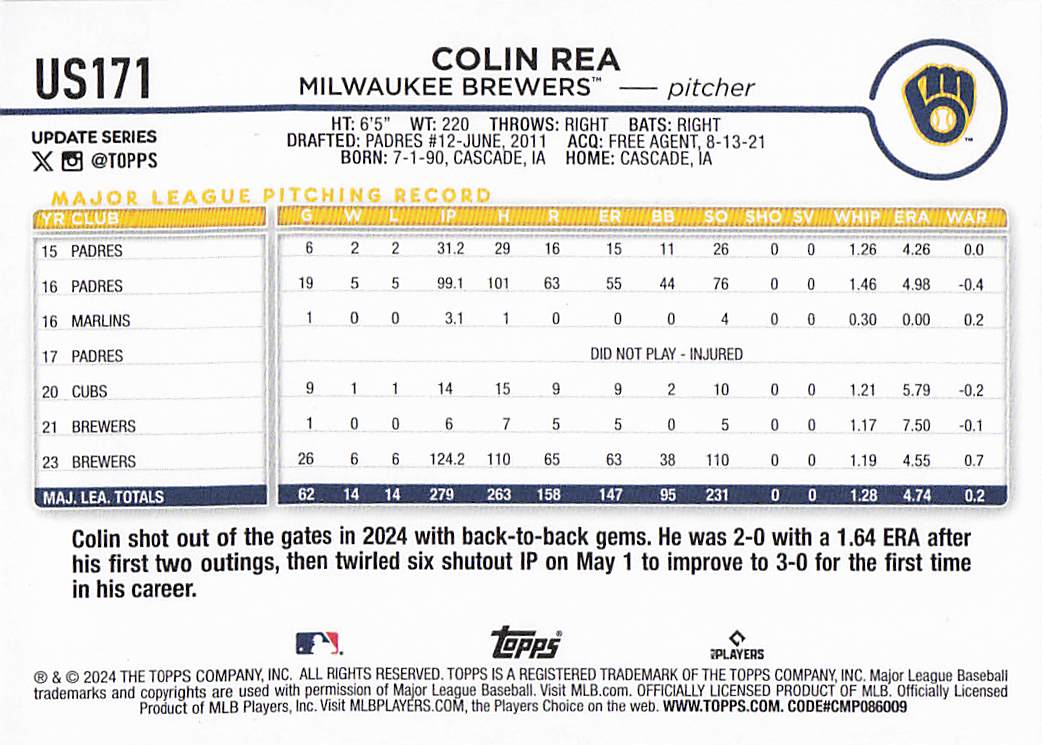 2024 Topps Update Baseball Royal Blue Colin Rea #US171