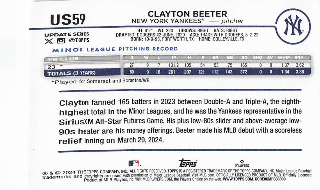 2024 Topps Update Baseball Royal Blue Clayton Beeter #US59 Rookie