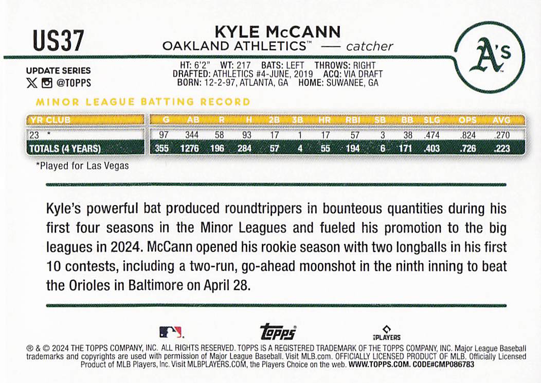 2024 Topps Update Baseball Holiday Kyle McCann #US37 Rookie