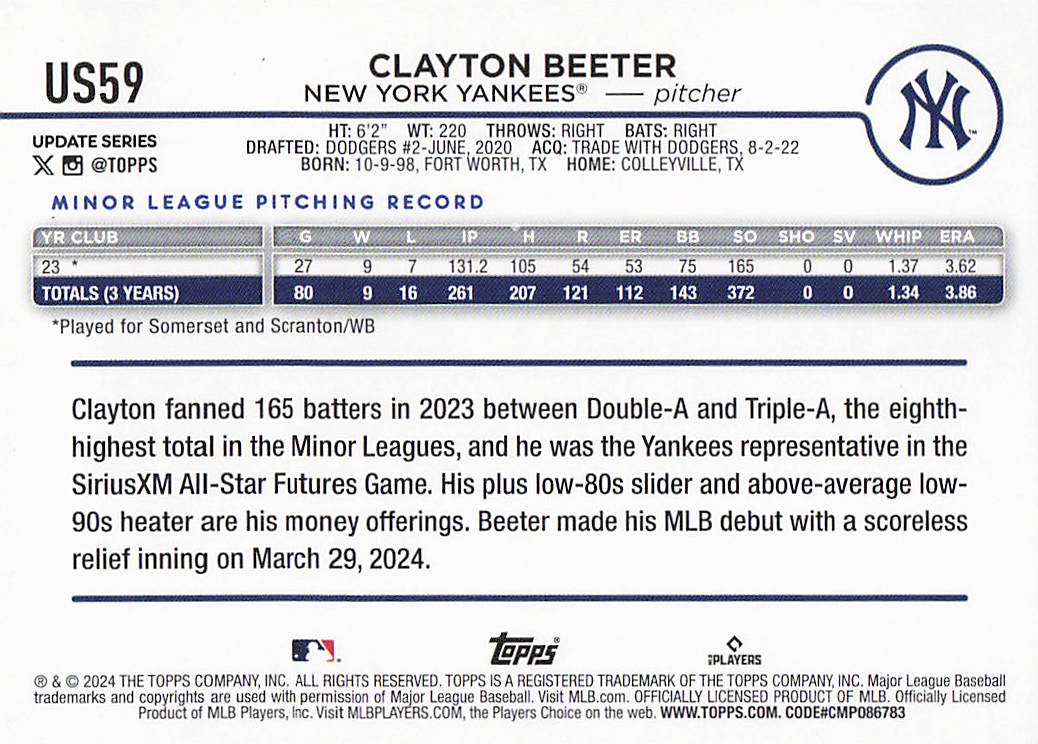 2024 Topps Update Baseball Holiday Clayton Beeter #US59 Rookie
