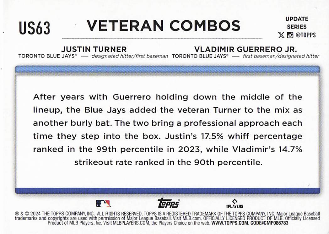 2024 Topps Update Baseball Holiday Vladimir Guerrero Jr.Justin Turner #US63