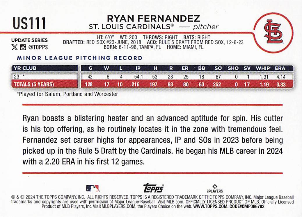 2024 Topps Update Baseball Holiday Ryan Fernandez #US111 Rookie