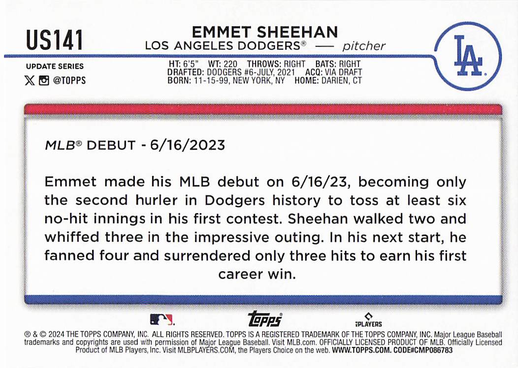 2024 Topps Update Baseball Holiday Emmet Sheehan #US141