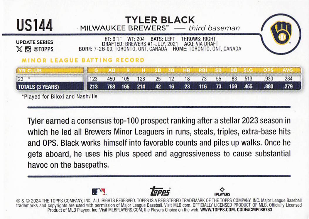 2024 Topps Update Baseball Holiday Tyler Black #US144 Rookie