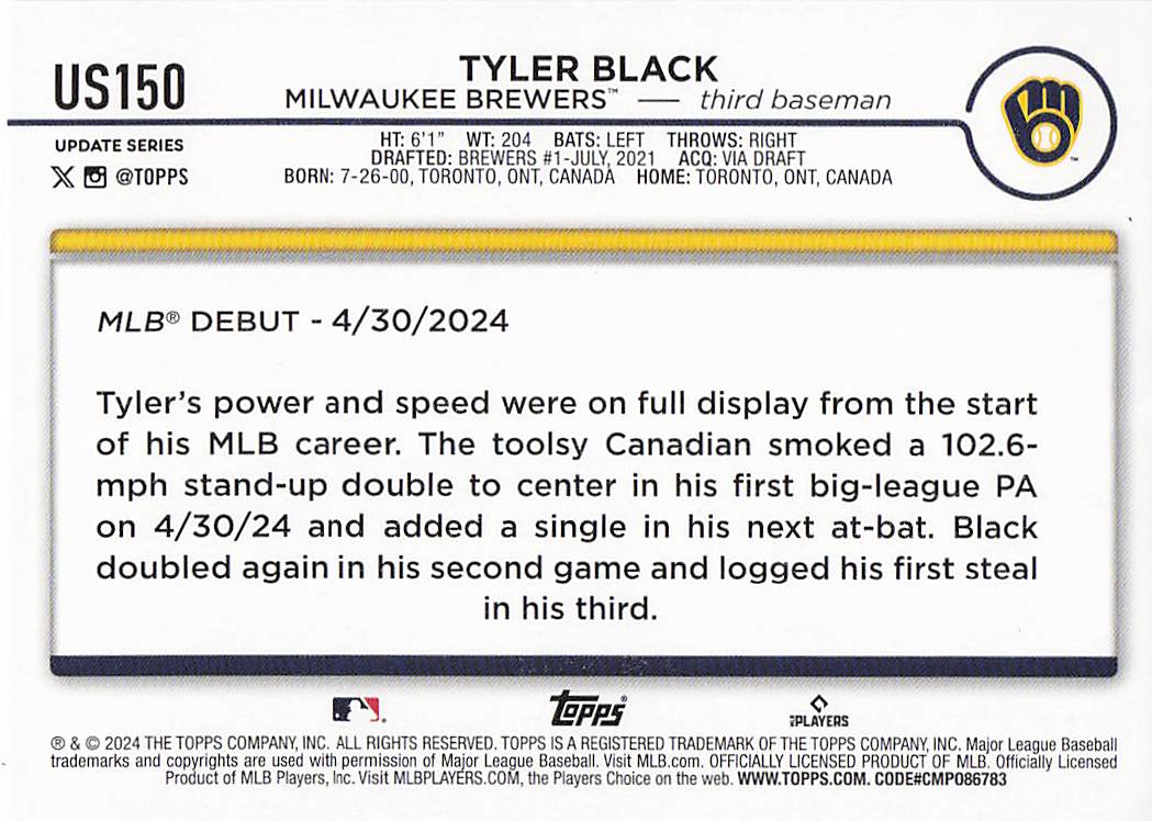 2024 Topps Update Baseball Holiday Tyler Black #US150