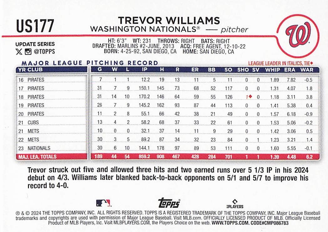2024 Topps Update Baseball Holiday Trevor Williams #US177