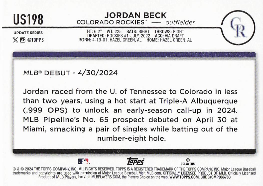 2024 Topps Update Baseball Holiday Jordan Beck #US198