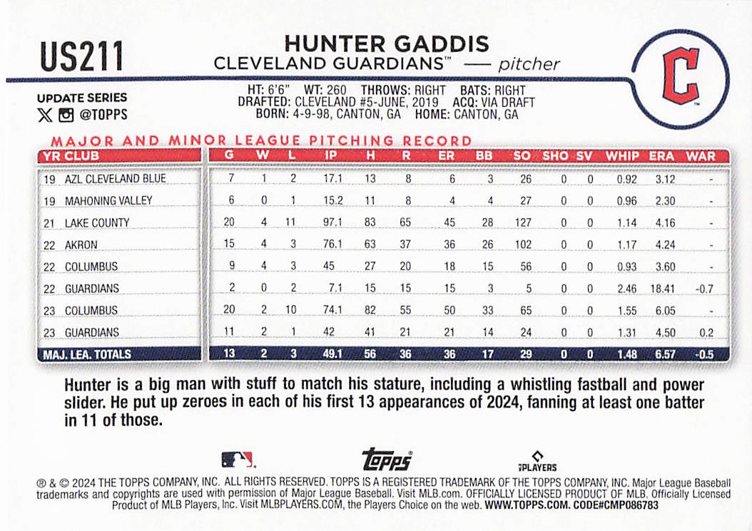 2024 Topps Update Baseball Holiday Hunter Gaddis #US211