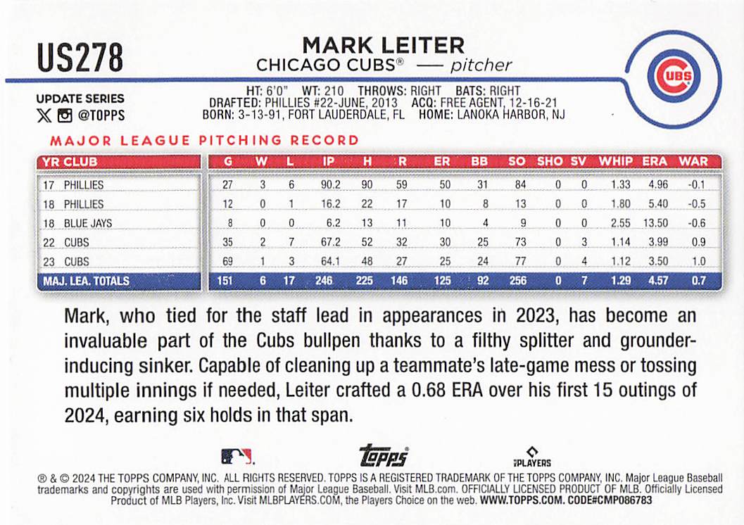 2024 Topps Update Baseball Holiday Mark Leiter #US278