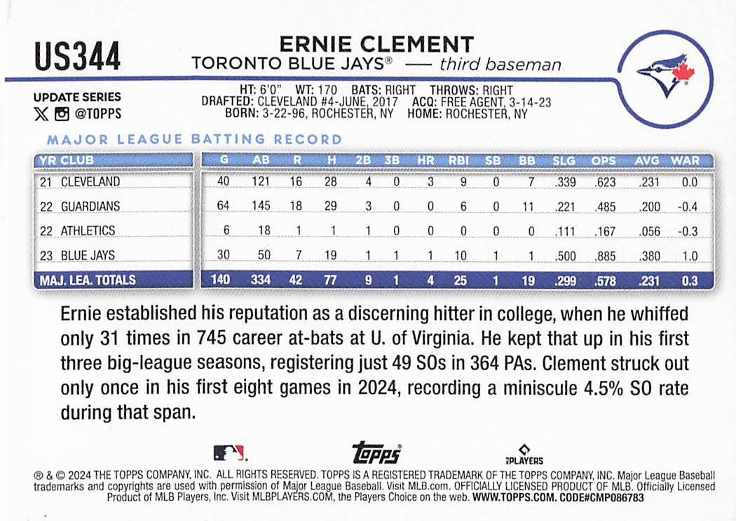 2024 Topps Update Baseball Holiday Ernie Clement #US344