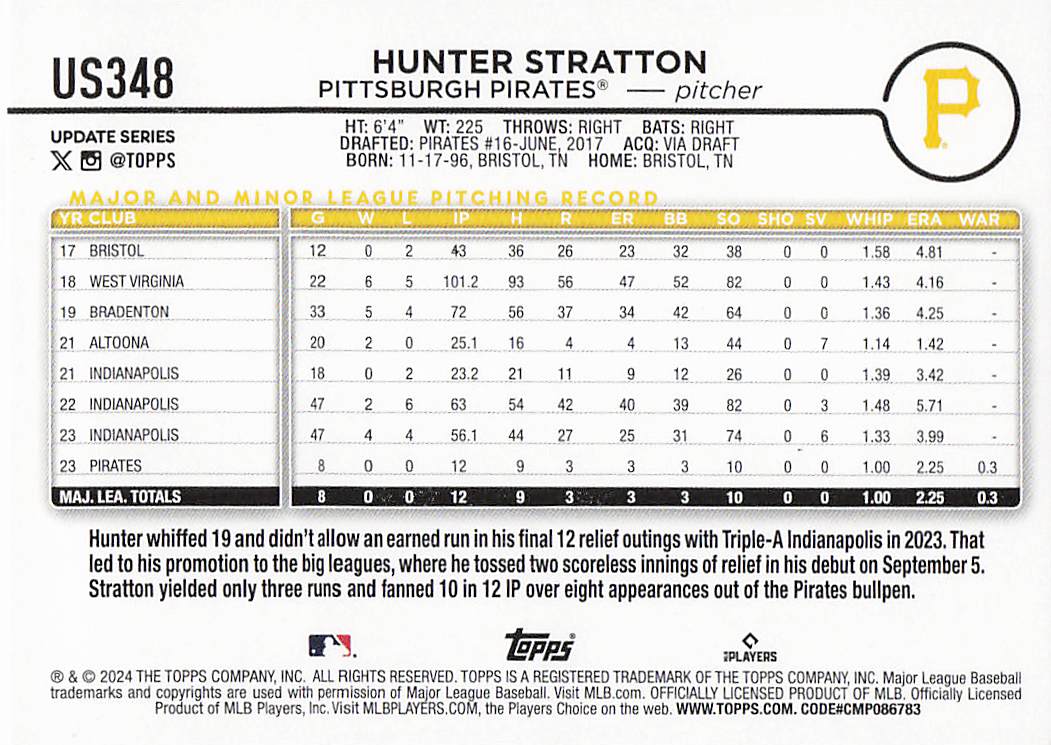 2024 Topps Update Baseball Holiday Hunter Stratton #US348 Rookie