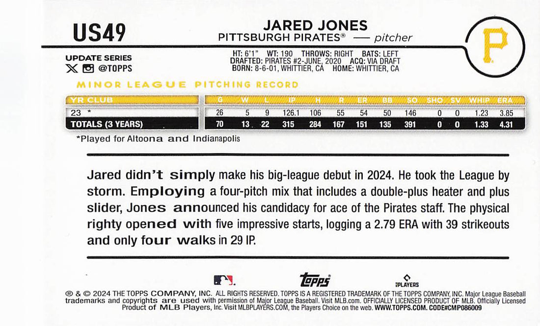 2024 Topps Update Baseball Silver Crackle Foilboard Jared Jones #US49 Rookie