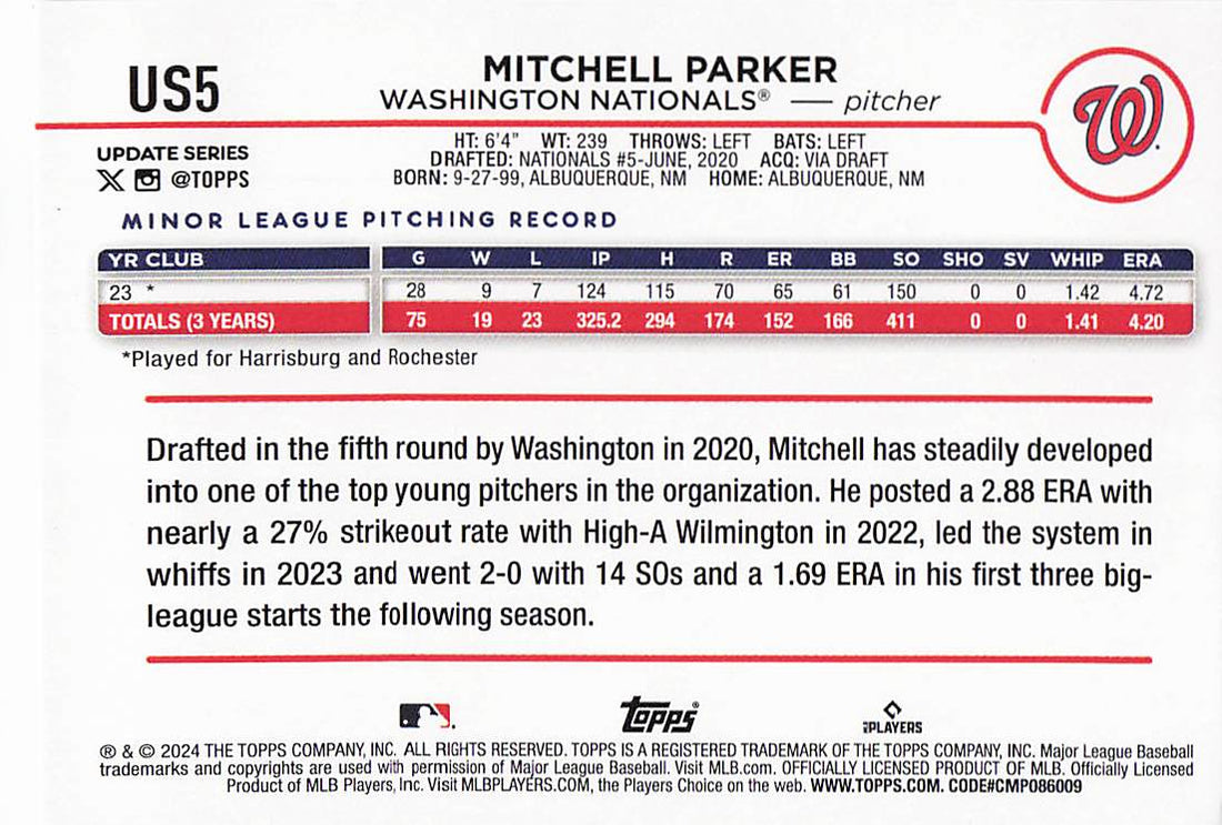 2024 Topps Update Baseball Rainbow Foil Mitchell Parker #US5 Rookie